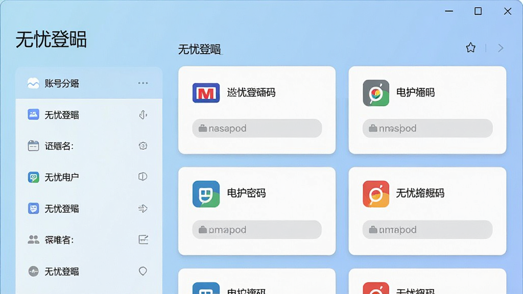 一张展示无忧登陆软件主界面的高清截图,界面布局简洁,左侧为账号分组列表,右侧为已保存的账号卡片,卡片上显示网站图标、用户名和密码占位符,背景为淡蓝色渐变,整体风格现代扁平,文字标注