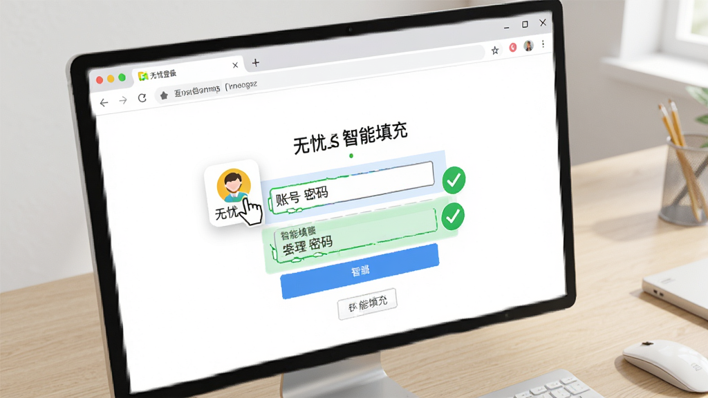展示无忧登陆自动填充功能的动态效果图,画面中浏览器打开一个登录页面,鼠标点击无忧登陆悬浮图标后,账号和密码字段自动填入并高亮显示,旁边有绿色对勾标识,背景为浅色办公桌面,风格写实,文字标注