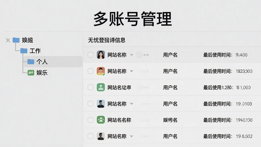 展示无忧登陆账号分组管理界面的示意图,左侧树形结构显示