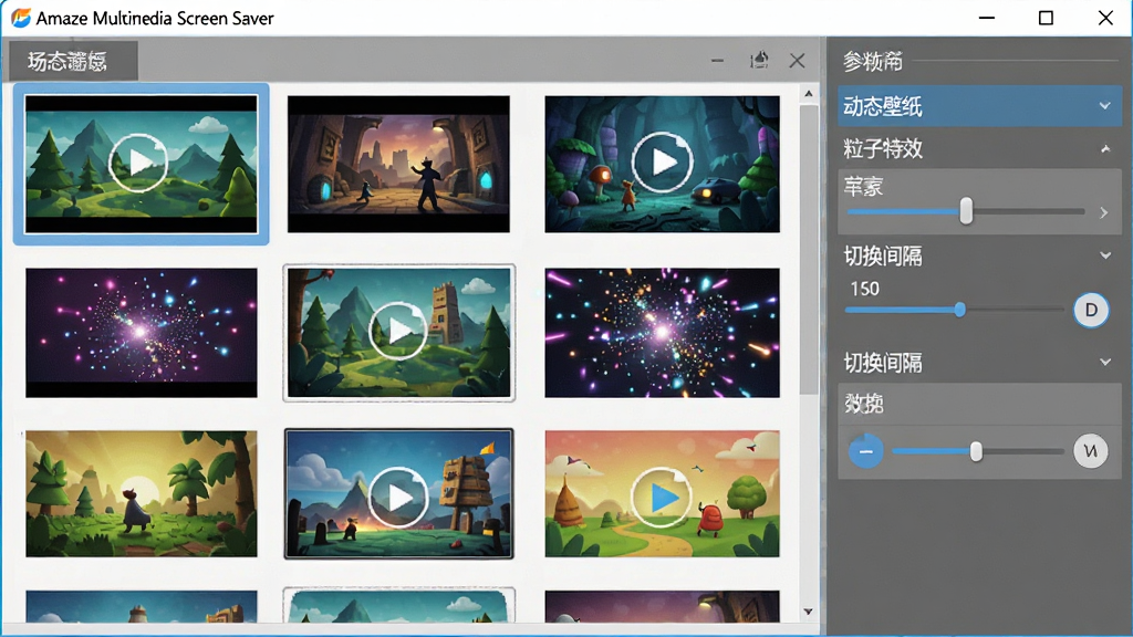 画面展示Amaze Multimedia Screen Saver软件主界面,左侧为场景预览列表,右侧为参数调节面板。主体是软件界面截图,布局清晰,排版规整。风格为扁平化UI设计,细节处显示有“动态壁纸”、“粒子特效”、“切换间隔”等中文选项。画质清晰,色彩鲜艳,干净整洁无多余元素。