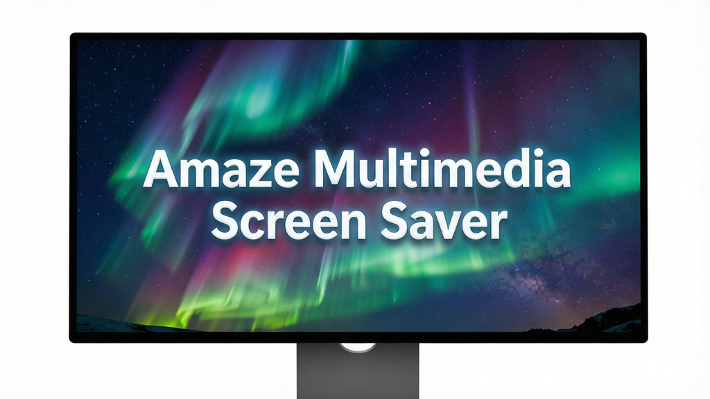 主体为一块现代简约风格的电脑显示器,屏幕正中央显示着“Amaze Multimedia Screen Saver”的艺术字标题,背景是流动的极光与星空特效,色彩斑斓且富有层次感。布局上,显示器置于画面中央偏下位置,四周留白凸显主体。排版上,标题文字采用白色发光字体,清晰醒目。风格为科技感十足的3D渲染,细节丰富,光影效果逼真。画质要求高清细腻,干净无多余元素。
