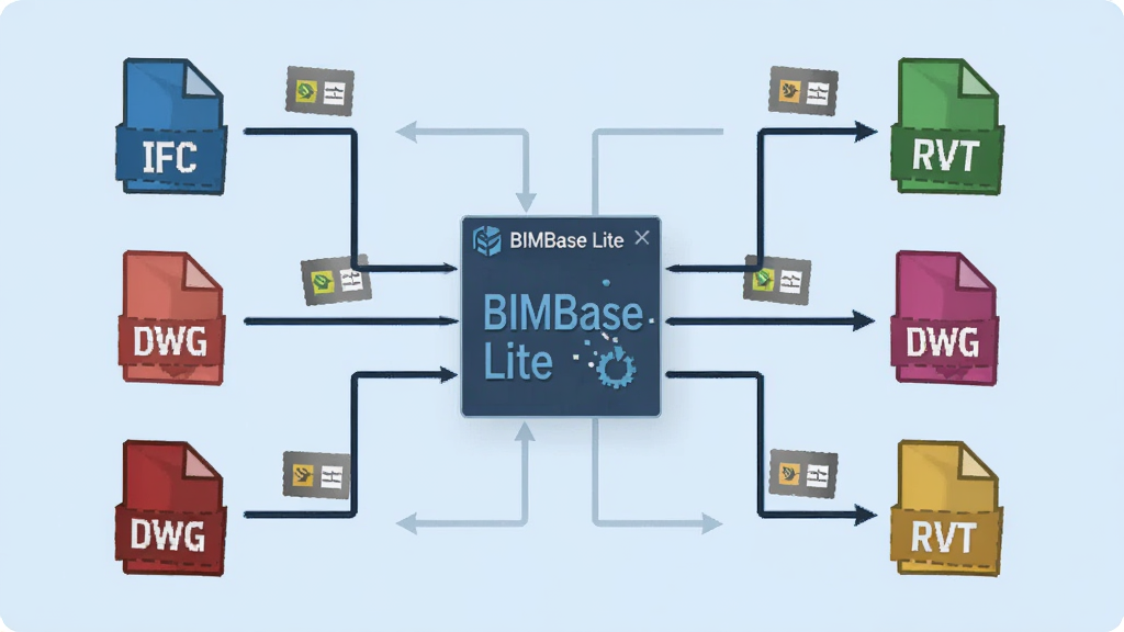 主体为BIMBase Lite软件的数据交换界面,展示多个文件格式图标(IFC、RVT、DWG)通过线条连接至软件中心。布局为流程图形式,清晰展示导入导出方向。排版为简洁的示意图风格,背景为浅蓝色。细节包括箭头指示和数据包图标,画质清晰,干净无多余元素。