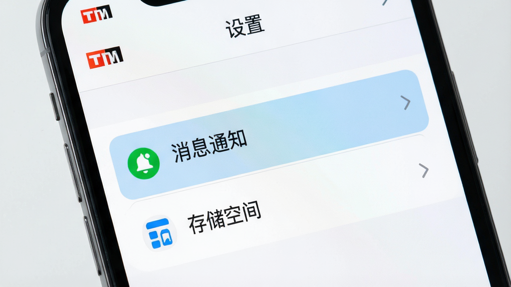 主体:一部智能手机的屏幕特写,显示TIM应用内“设置”界面,其中“消息通知”和“存储空间”选项被高亮突出。布局:手机屏幕居中,背景为干净的浅灰色。排版:正面视角,清晰展示设置选项。风格:简洁扁平化风格,界面现代。细节:图标清晰,文字可读,高亮选项有浅蓝色背景。画质:高清,干净,无多余元素。