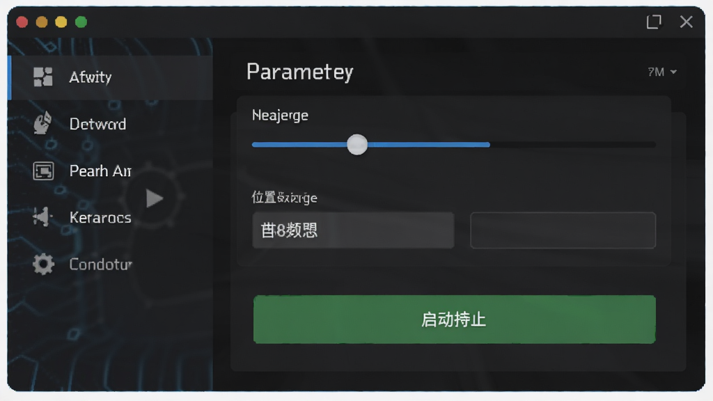 鼠标后台点击器软件界面预览图,主体为简洁的深色控制面板,布局为左侧功能菜单、右侧参数设置区域,排版清晰有序,风格现代科技感,细节包含点击频率滑块、位置坐标输入框、启动停止按钮,画质高清干净无多余元素