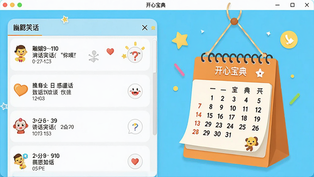 开心宝典软件主界面截图,展示幽默笑话列表与精美台历挂件,整体风格轻松明快,色彩活泼,布局清晰,UI设计现代简洁,高清画质,无多余元素
