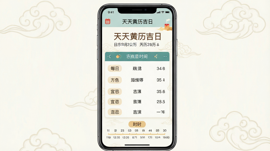 主体:手机屏幕展示“天天黄历吉日”主界面,顶部显示农历日期与公历日期,中间为每日宜忌列表,底部有吉时时间轴。布局:竖屏手机居中,界面元素清晰排列。排版:现代扁平化设计,信息层级分明。风格:清新淡雅,带有传统中国风元素。细节:界面文字清晰可读,背景有祥云纹理。画质:高清渲染,干净无多余元素