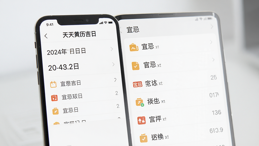主体:手机屏幕展示“天天黄历吉日”的宜忌详情页,左侧为日期信息,右侧为详细的宜忌列表。布局:左右分栏,信息清晰。排版:列表式布局,每条宜忌带图标。风格:简洁商务风。细节:文字清晰,图标精致。画质:高清,干净无多余元素
