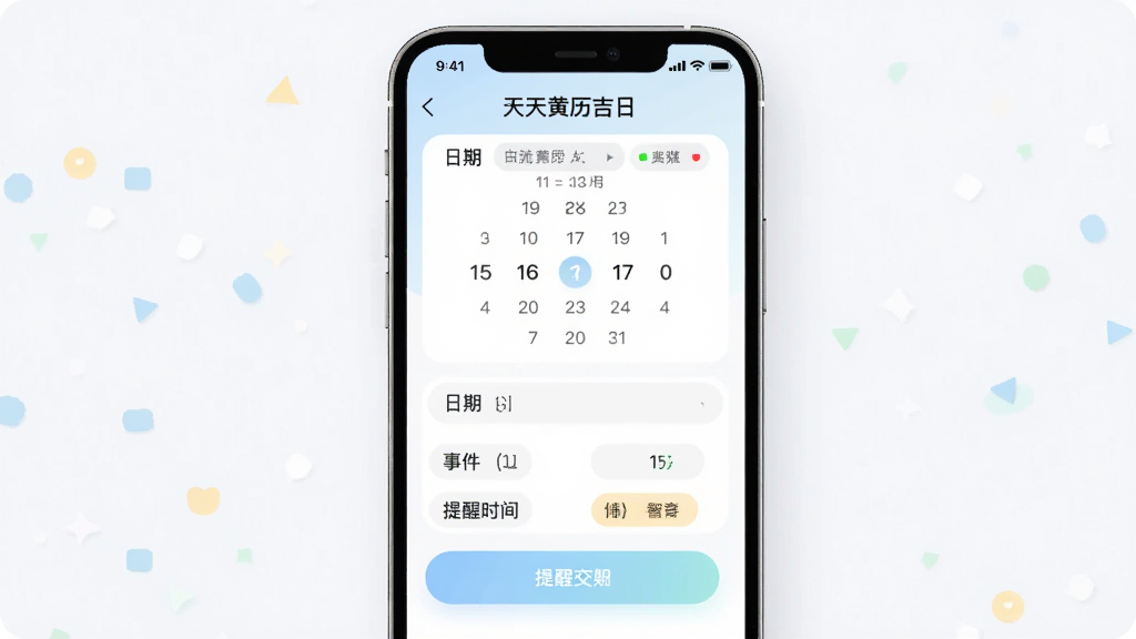 主体:手机屏幕展示“天天黄历吉日”的提醒设置页面,有日期选择器和事件标签。布局:表单式布局,简洁明了。排版:从上到下依次为日期、事件、提醒时间。风格:清新实用风。细节:按钮圆润,色彩柔和。画质:高清,干净无多余元素