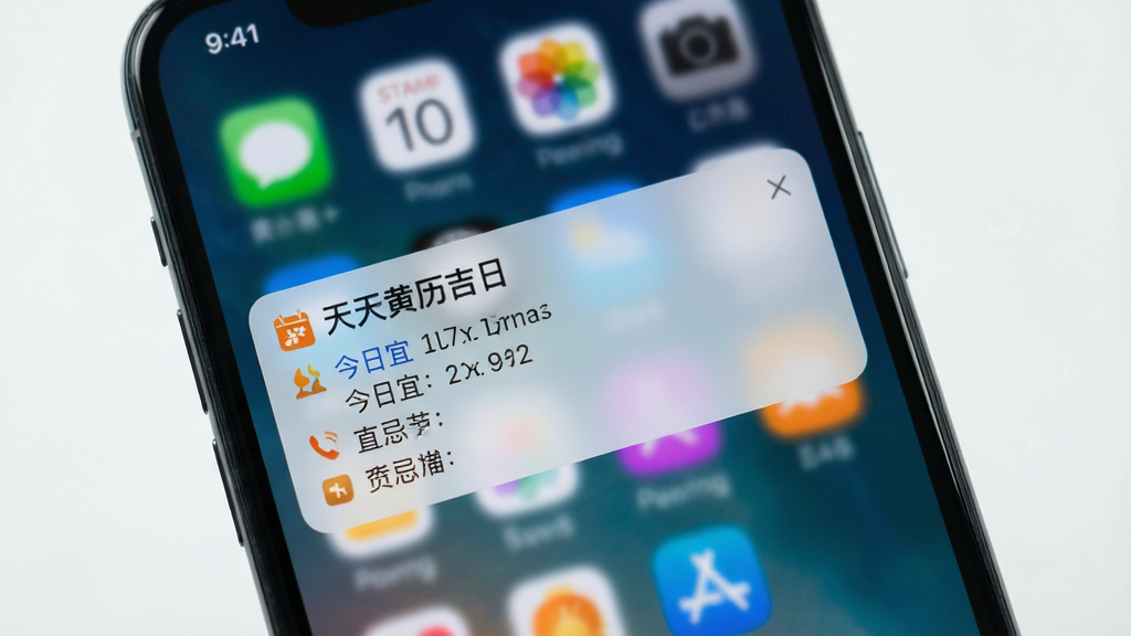 主体:手机屏幕展示“天天黄历吉日”的提醒通知栏,显示今日宜忌摘要。布局:通知栏居中,背景为手机桌面。排版:简洁文字,配有小图标。风格:实拍风格。细节:通知内容清晰可见。画质:高清,干净无多余元素