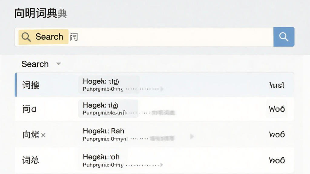向明词典主界面预览图,主体为简洁的搜索框和单词列表,布局清晰,排版整齐,风格扁平化,细节包括搜索高亮和词典条目,画质高清,干净无多余元素