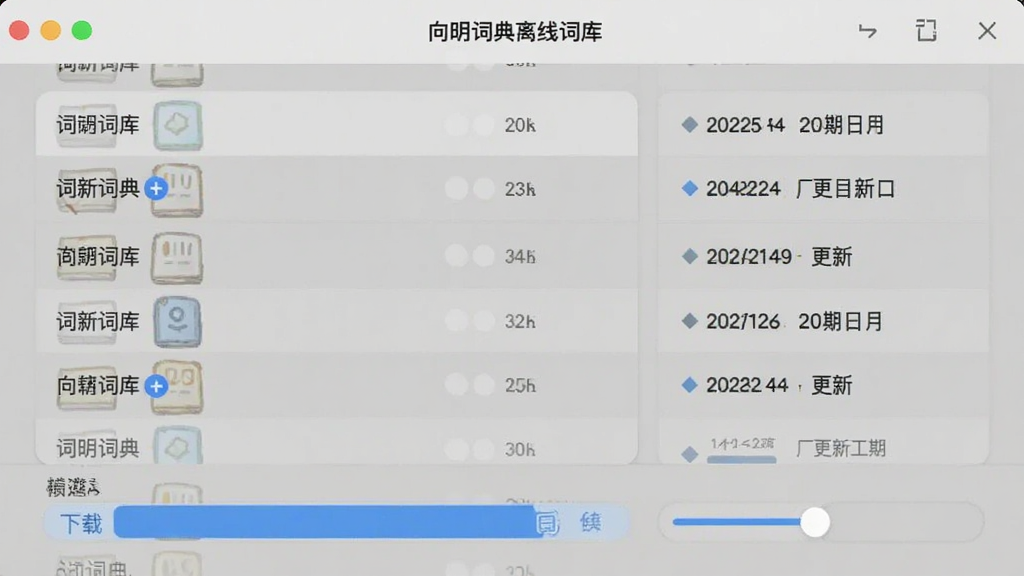 向明词典离线词库界面,主体为词库列表和下载进度条,布局居中,排版简洁,风格清新,细节显示词库大小和更新日期,画质细腻,干净无多余元素