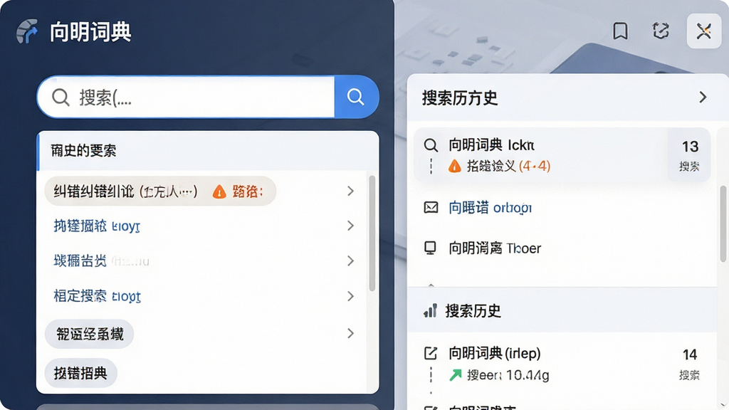 向明词典智能搜索界面,主体为搜索框和联想词列表,布局左侧输入右侧结果,排版流畅,风格现代,细节展示纠错提示和搜索历史,画质清晰,干净无多余元素