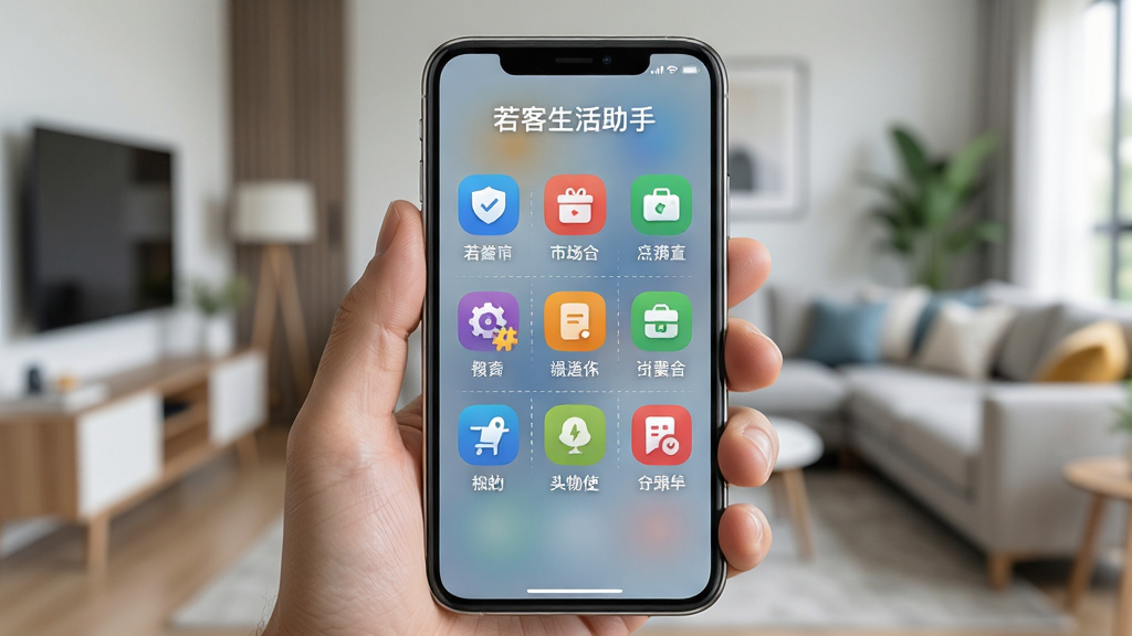 图片主体为智能手机界面特写,屏幕展示“若客生活助手”的九宫格功能菜单,每个图标色彩鲜明,下方有白色中文标签。手机被一只手握着,背景是虚化的现代客厅环境。布局规整,排版清晰,风格写实且明亮,细节丰富,画质干净,无多余元素。