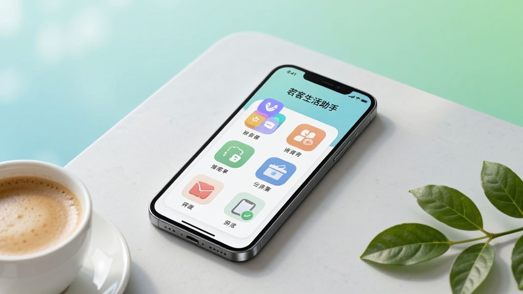 画面主体为一部亮屏的智能手机,屏幕居中显示“若客生活助手”APP界面,界面布局清晰,包含彩色功能图标。手机斜放在浅灰色桌面,旁边有一杯咖啡和几片绿叶。背景为柔和的渐变蓝绿色,整体风格简约现代,光线明亮柔和,画质高清干净,无多余元素。