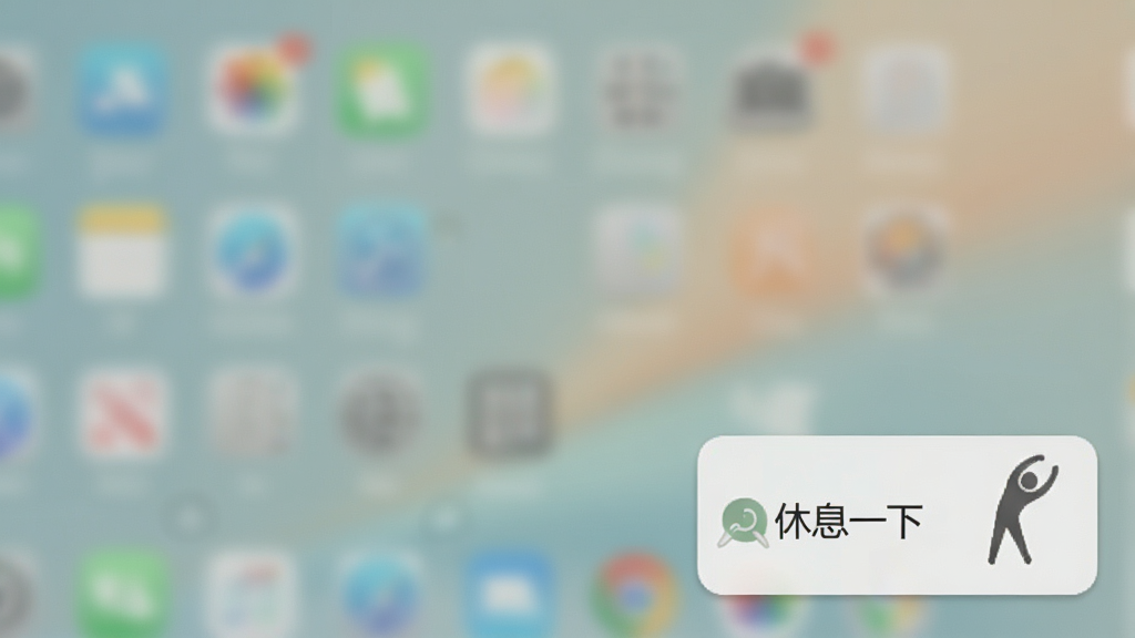 Workrave软件在电脑屏幕右下角弹出的休息提醒气泡,气泡内有“休息一下”的文字和一个小人伸展的图标,背景虚化,整体色调柔和,画质干净,无多余元素。