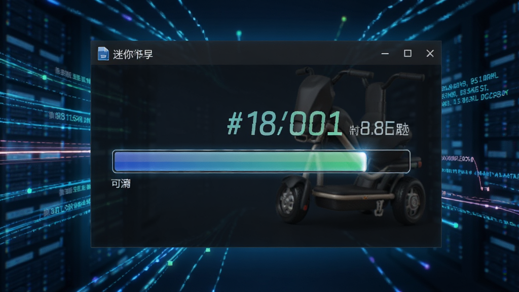 展示迷你电驴软件正在高速下载文件的界面,进度条快速前进,速度显示数值很高,背景有网络数据流动的抽象线条,画面动感,风格科技感十足,画质清晰,无多余元素