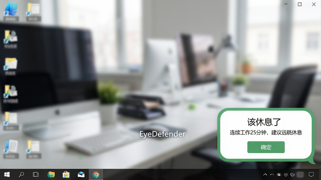 主体:EyeDefender软件在Windows桌面上的运行界面,右下角弹出休息提醒气泡;布局:桌面背景为模糊的办公场景,提醒气泡位于右下角,气泡内有“该休息了”文字和“确定”按钮;排版:气泡设计圆润,带有绿色边框,桌面任务栏清晰可见;风格:写实桌面截图风格,光线自然;细节:气泡上显示“连续工作25分钟,建议远眺休息”,桌面图标半透明;画质:高清,干净,无多余元素。