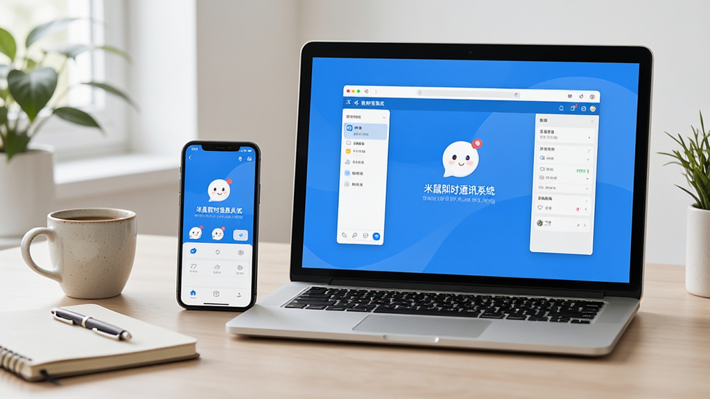 手机与电脑并排显示“米鼠即时通讯系统”界面,主色调为蓝色与白色,背景为简洁的桌面工作台,有咖啡杯与笔记本,风格清新自然,突出移动端与PC端的协作场景,画质清晰,无多余元素。