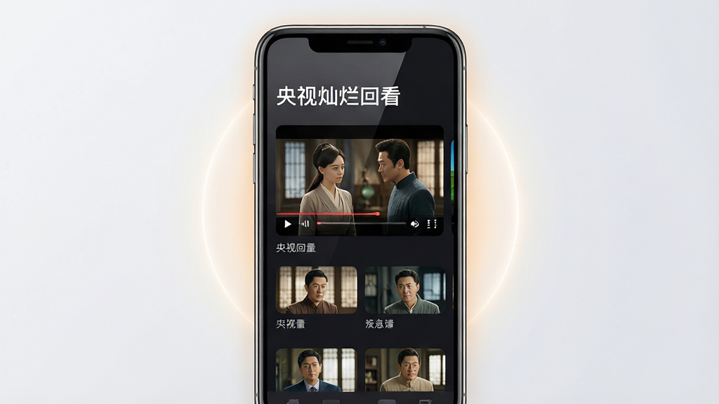 主体:一款名为“央视灿烂回看”的电视视频应用界面,手机屏幕展示着清晰的视频列表和播放画面。布局:手机居中,屏幕内显示应用首页,上方有“央视灿烂回看”字样,下方排列着多个视频缩略图,其中一部正在播放电视剧画面。排版:界面简洁现代,采用深色背景衬托视频内容,文字清晰,图标圆润。风格:科技感与人文气息结合,色彩明亮,画质高清。细节:屏幕反光自然,手机边框精致,周围有柔和的光晕。画质:8K超高清,干净,无多余元素。