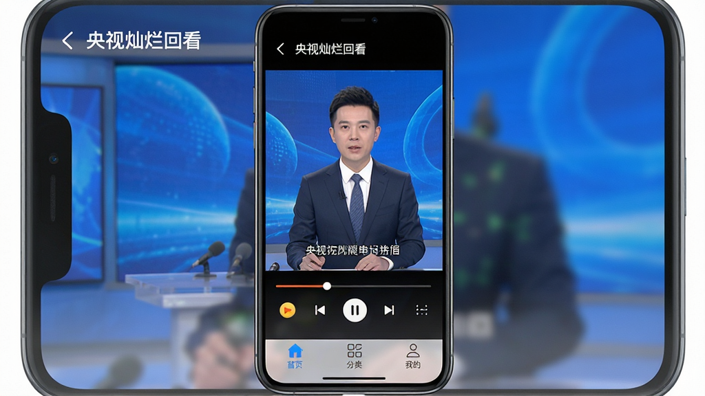 主体:一部手机显示“央视灿烂回看”播放界面,正在播放新闻节目,画面下方有进度条和控制按钮。布局:手机竖屏,播放画面居中,控制栏半透明,底部有“首页”、“分类”、“我的”三个图标。排版:简洁清晰,文字易读,图标辨识度高。风格:现代简约,色彩明快。细节:播放画面中主持人清晰可见,字幕清楚。画质:高清,干净,无多余元素。