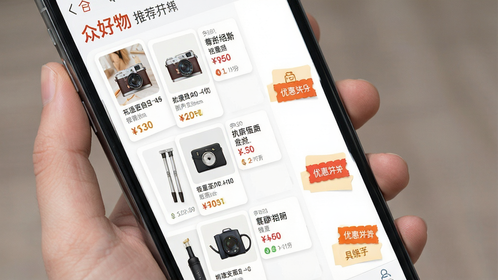 一张展示众好物应用主界面的高清截图,主体为智能手机屏幕内呈现的购物推荐列表,包含商品缩略图、价格标签和优惠券标识,布局采用清爽的卡片式纵向排列,排版整齐有序,风格现代简约,色彩明快,细节上突出商品图片清晰度和价格对比信息,画质细腻干净,无多余元素,众好物应用界面预览图