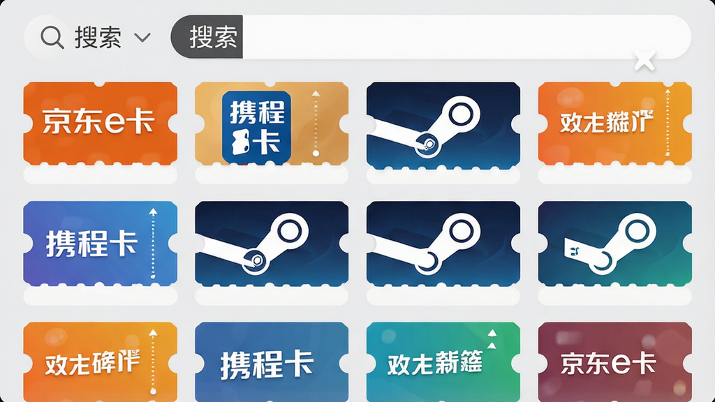 特特收APP内卡券选择界面,以网格形式陈列各类卡券图标,每张卡片上印有对应卡券名称,如“京东e卡”、“携程卡”、“Steam”等,界面顶部搜索框聚焦,背景为浅灰色,图标色彩丰富但排列整齐,整体视觉清爽,现代UI设计,高清渲染,干净无多余元素