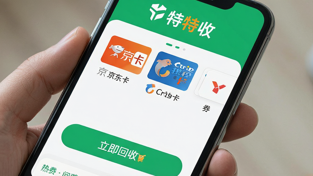 一张智能手机屏幕显示特特收APP主界面,界面风格简洁清新,顶部为绿色品牌标识与“特特收”字样,中部展示多种热门卡券回收图标,包含京东e卡、携程卡等,底部有醒目的“立即回收”按钮,整体布局干净明了,现代扁平化设计风格,高清画质,无多余元素