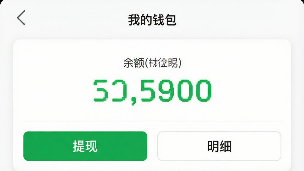 特特收APP“我的钱包”页面截图,页面显示可用余额数字,下方有“提现”和“明细”两个按钮,背景为纯白色,卡片式设计,余额数字用绿色字体突出显示,页面风格简洁商务,高清截图质感,无多余元素
