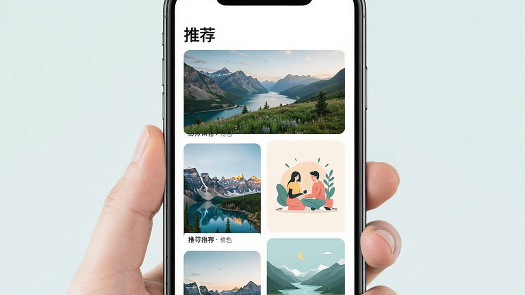 妙色应用个性化推荐界面示意图,手机屏幕中显示推荐壁纸瀑布流,包含用户可能喜欢的自然风光和简约插画,界面顶部有“推荐”字样,整体风格清新,色彩和谐,画质细腻,无多余元素。