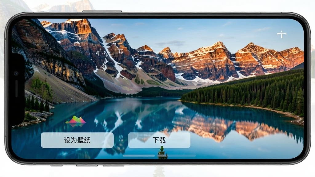 妙色应用运行界面示意图,展示手机屏幕上壁纸预览与设置选项,界面包含“设为壁纸”、“下载”按钮,背景为一张高清风景图,整体风格简洁,色彩自然,画质清晰,无多余元素。
