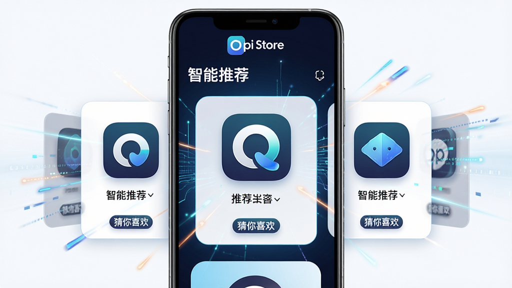 主体:Opi Store应用商店的“智能推荐”页面。布局:手机屏幕中央展示推荐应用卡片,左右滑动切换。排版:卡片式设计,突出应用图标与名称。风格:科技感十足,带有未来元素。细节:卡片下方显示“猜你喜欢”标签,背景有数据流线条,顶部有“Opi Store”标志。画质:高清晰度,动态效果,干净无多余元素。