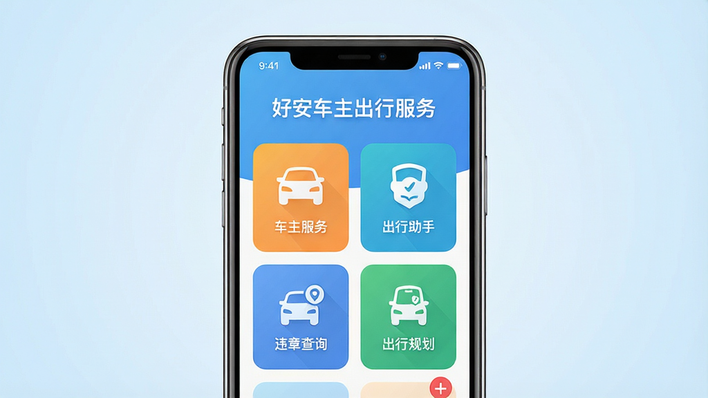 主体:智能手机屏幕展示“好安车主出行服务”应用主界面,界面清晰显示“车主服务”、“出行助手”等核心功能模块图标。布局:手机居中,屏幕朝前,背景为简洁的浅蓝色渐变,突出APP界面。排版:界面图标整齐排列,上方有“好安车主出行服务”字样。风格:现代扁平化设计,色彩明亮清新。细节:屏幕中展示车辆管理、违章查询、出行规划等图标,画面干净。画质:高清,干净,无多余元素。