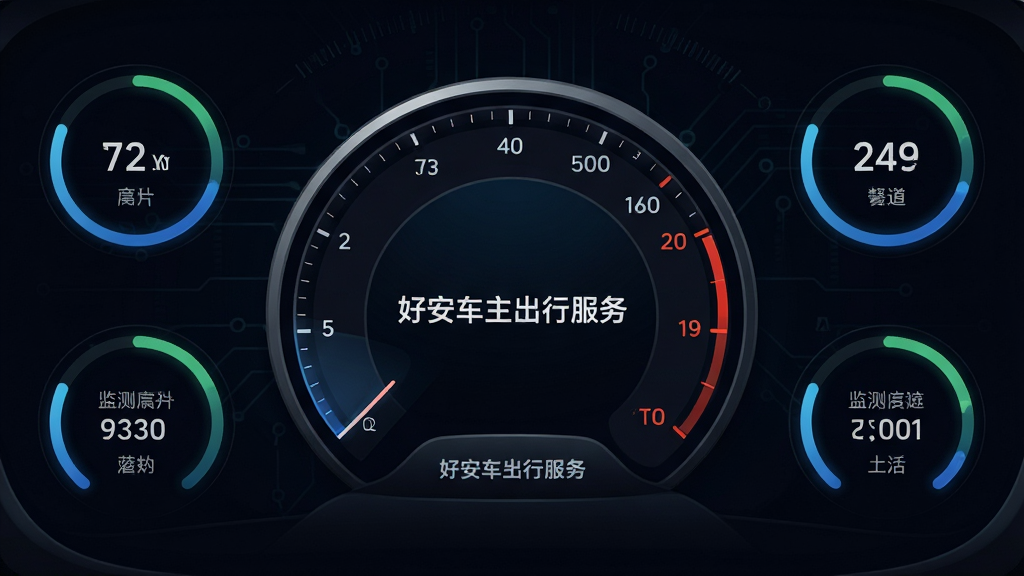 主体:好安车主出行服务APP的车辆健康监测界面,显示车辆仪表盘风格。布局:仪表盘居中,周围分布各项监测数据。排版:数据以环形进度条展示。风格:科技感深色系。细节:仪表盘上有“好安车主出行服务”字样,各项数据清晰。画质:高清,干净,无多余元素。
