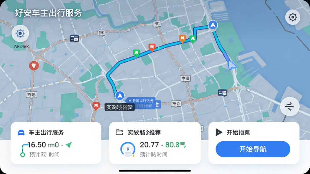 主体:好安车主出行服务APP的出行规划界面,显示地图和推荐路线。布局:地图占据主要画面,底部有路线方案卡片。排版:路线清晰标注,有“开始导航”按钮。风格:科技感现代风格。细节:地图上显示实时路况颜色,卡片内显示预计时间。画质:高清,干净,无多余元素。