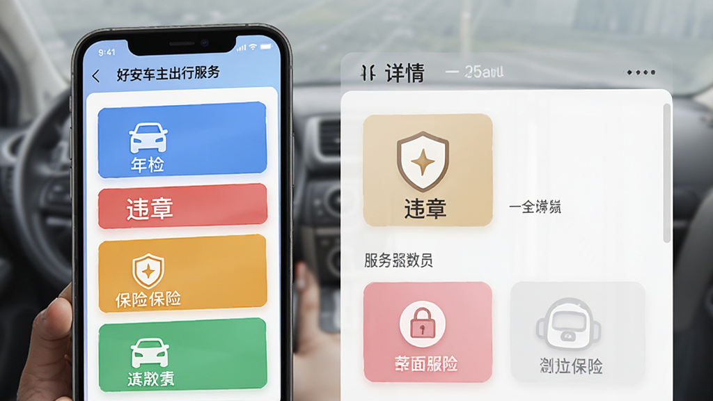 主体:好安车主出行服务APP的“一站式服务”功能页面,展示年检、违章、保险等图标。布局:手机界面左侧排列功能列表,右侧为详情区域。排版:服务项目以卡片式排列,色彩区分。风格:简洁商务风。细节:每个卡片上有对应图标和名称,界面干净清爽。画质:高清,干净,无多余元素。