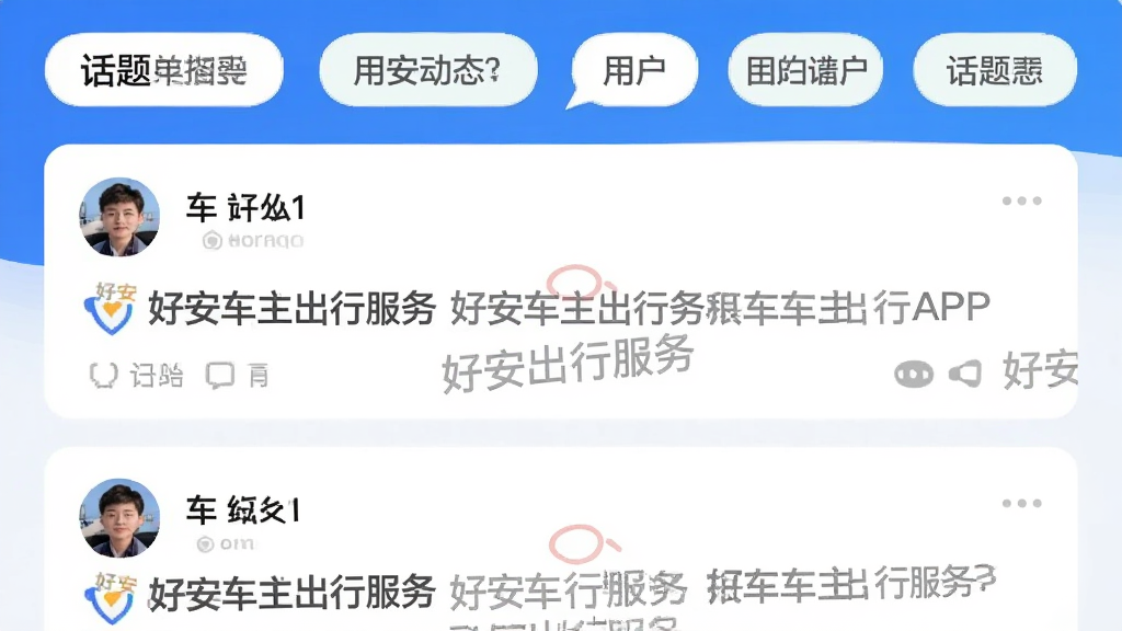 主体:好安车主出行服务APP的社区页面,展示用户动态和话题。布局:顶部为话题标签栏,下方为信息流卡片。排版:卡片式布局,有用户头像和内容。风格:活泼社交风。细节:卡片上有“好安车主出行服务”水印。画质:高清,干净,无多余元素。