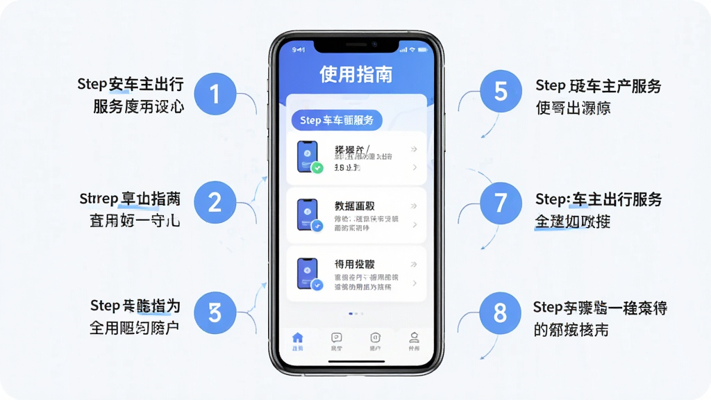 主体:手机展示好安车主出行服务的使用教程界面,包含步骤说明。布局:手机居中,周围有步骤序号。排版:步骤以数字圆圈标注。风格:教学风格。细节:屏幕上有“使用指南”字样。画质:高清,干净,无多余元素。