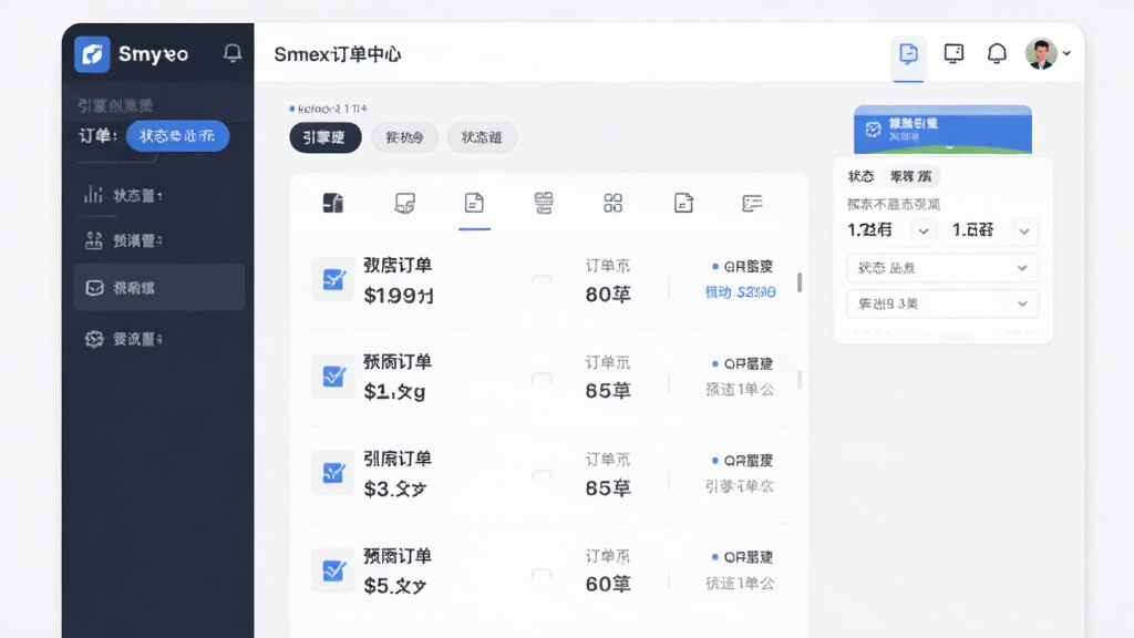 店引擎订单中心界面预览图,展示订单列表和状态筛选标签,采用卡片式布局,蓝色点缀,界面清爽,手机竖屏展示,画质干净,无多余元素