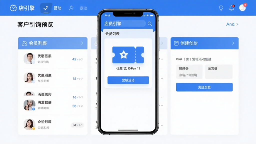店引擎客户营销界面预览图,展示会员列表和营销活动创建页面,包含优惠券图标,蓝色主题,界面友好,手机竖屏展示,画质干净,无多余元素
