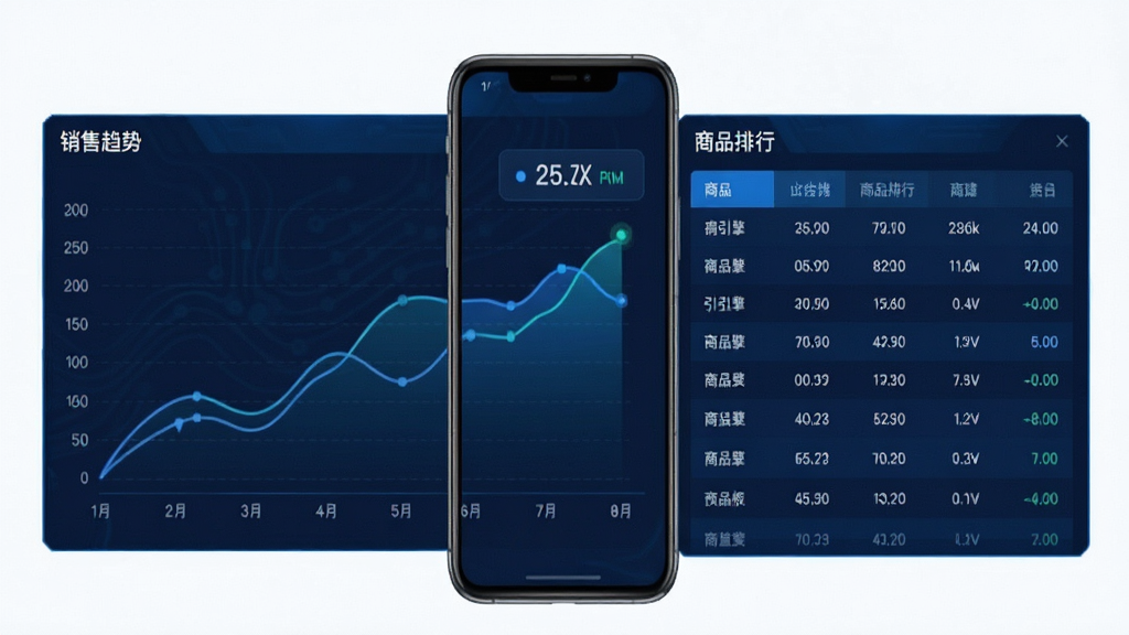 店引擎数据看板界面预览,展示销售趋势折线图和商品排行表格,蓝色科技风格,图表清晰,手机竖屏展示,画质干净,无多余元素