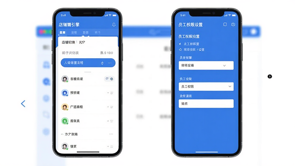 店引擎多店铺管理界面预览图,展示店铺切换列表和员工权限设置页面,蓝色简约风格,手机竖屏展示,画质干净,无多余元素