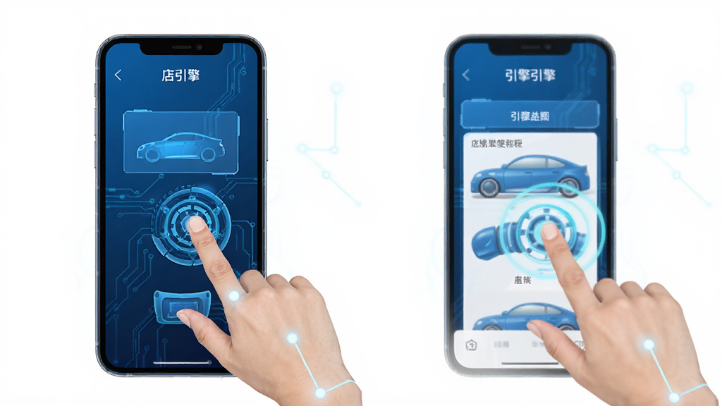 店引擎使用教程示意图,展示手机操作步骤,包含点击手势和界面元素,蓝色科技风格,画质干净,无多余元素