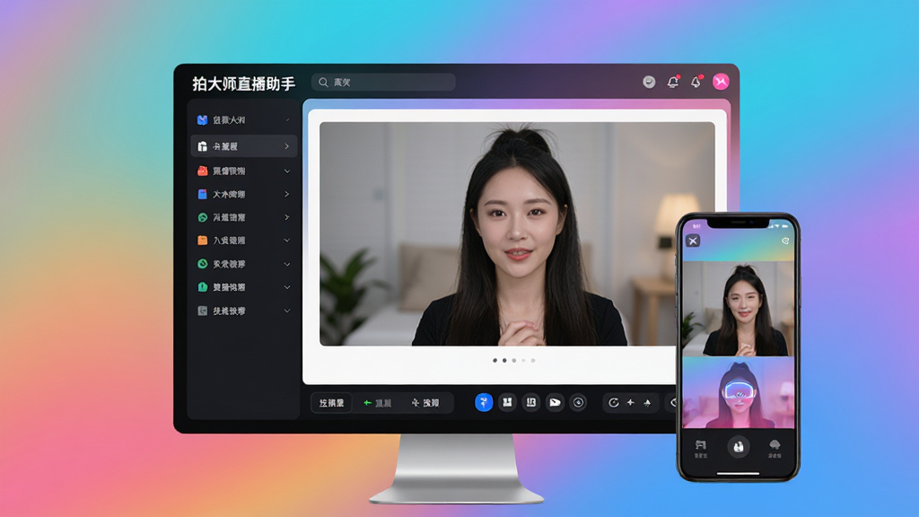 主视觉画面展示拍大师直播助手在电脑与手机双端的运行界面,主体为软件主窗口悬浮于多彩渐变背景之上,布局包含左侧功能列表、中部高清预览区、底部控制栏,排版采用左右结构,风格现代简约带科技感,细节上突出“拍大师直播助手”字样Logo,画质清晰明亮,干净无多余元素