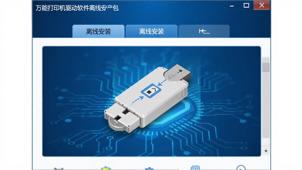万能打印机驱动软件离线安装包界面,显示U盘拷贝驱动的示意图,软件界面有“离线安装”选项卡,背景为科技感蓝色调,画面干净,重点突出