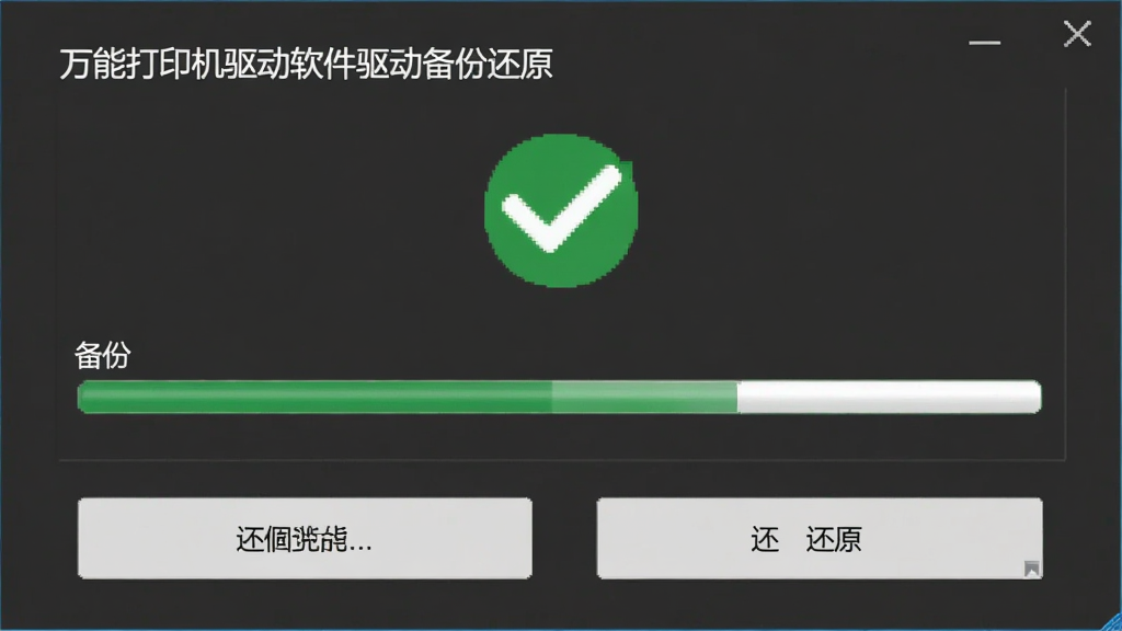 万能打印机驱动软件驱动备份还原功能界面,显示备份进度条和还原按钮,界面设计清晰,配有绿色对勾图标,整体风格简约,画质干净