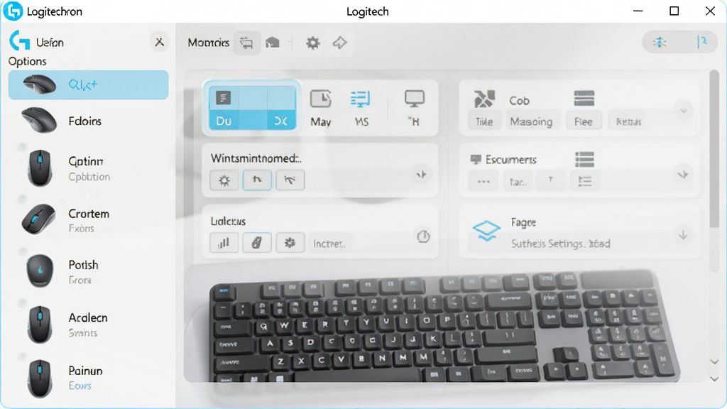 主体为Logitech Options软件主界面,展示鼠标和键盘的自定义设置面板,布局清晰,左侧设备列表,右侧功能选项,风格现代简约,细节柔和,画质高清,干净无多余元素