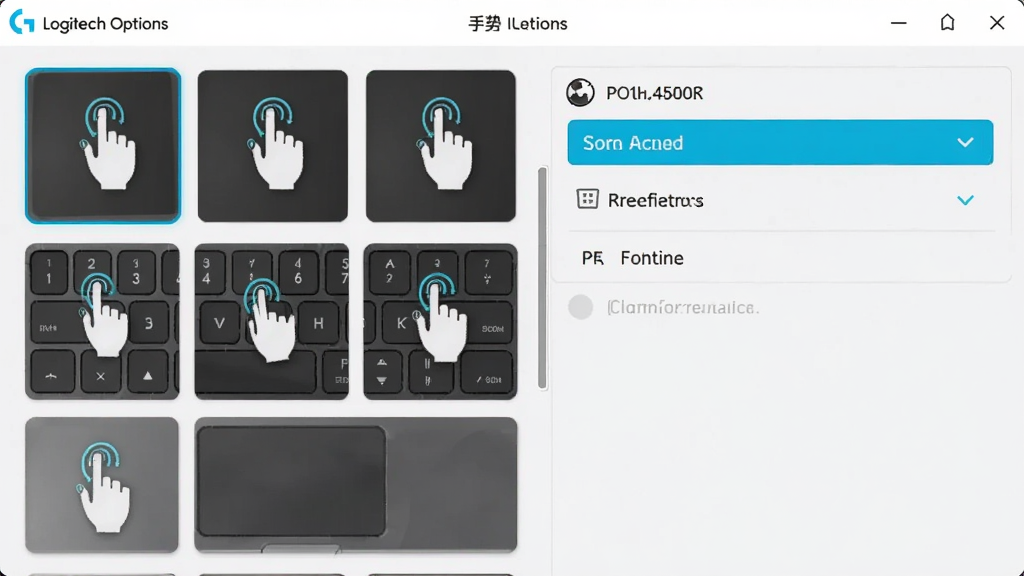 Logitech Options手势设置界面,展示触控板手势列表,左侧手势图形,右侧功能选择,界面简洁,风格清新,细节精致,画质清晰,无多余元素