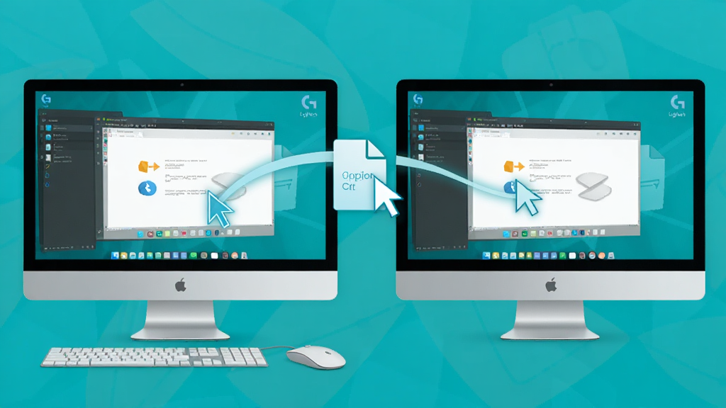 Logitech Options Flow功能示意图,展示两台电脑并排,鼠标光标从一台屏幕移动到另一台屏幕,中间有文件复制动画,背景干净,风格现代,画质高清,无多余元素