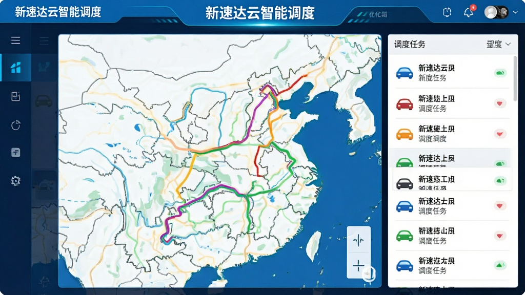 一张新速达云智能调度功能界面截图,画面中央显示地图上的多条彩色路线,旁边有车辆图标和调度任务列表,界面清晰展示优化后的路径,整体色调明亮,科技感强,文字标签“新速达云智能调度”,构图专业,画质清晰,无多余元素