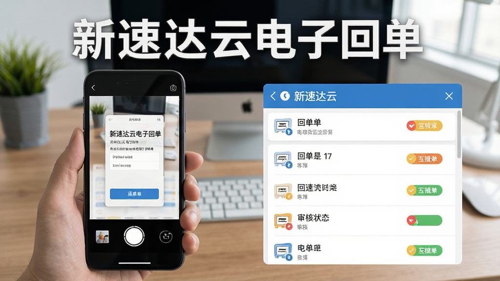 一张新速达云电子回单功能演示图,画面展示手机拍照上传回单的界面,旁边有回单列表和审核状态标记,背景为办公桌面,整体风格写实,文字标签“新速达云电子回单”,画质清晰,构图合理,无多余元素